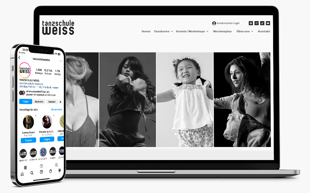 Die Webseite der Tanzschule Weiss am Notebook in der Desktop-Ansicht und der Instagram-Feed der Tanzschule Weiss am Smartphone in der mobilen Ansicht