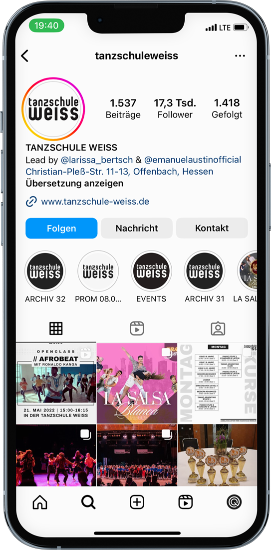 Instagram Auftritt der Tanzschule Weiss in einem iPhone Mockup
