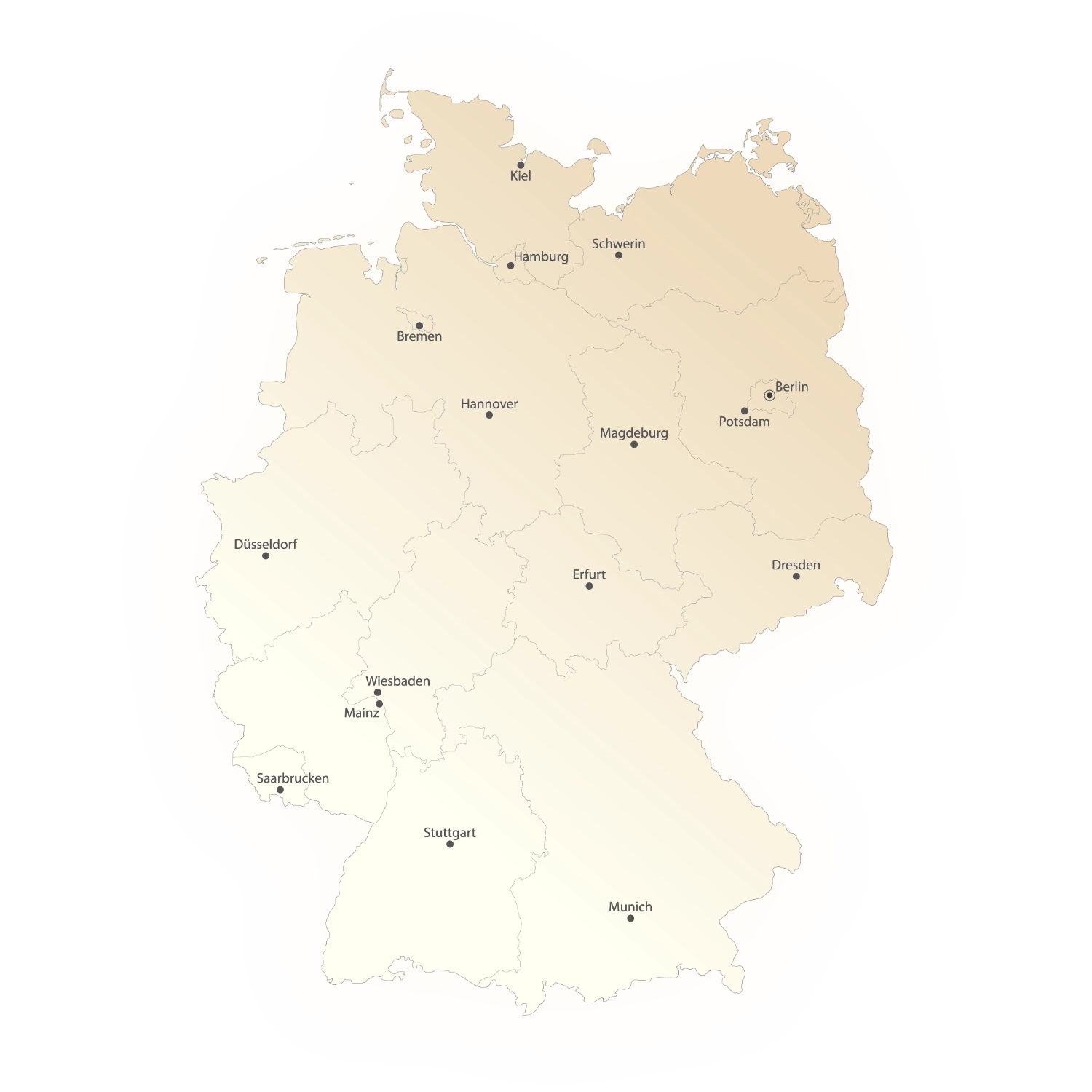 Karte Deutschlands mit Städten und Hauptstädten der Bundesländer.